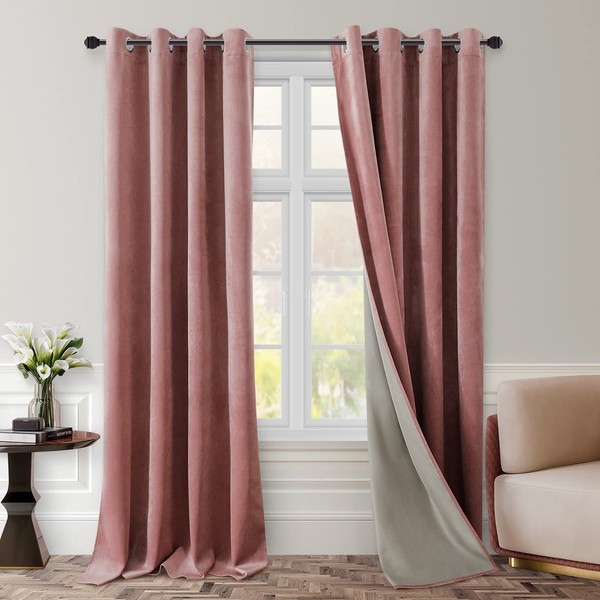 HOMEIDEAS 100% Blackout Velvet Curtains 2 Panels Blush Pink Blackout Curtains for Bedroom/Living Room, 52 X 96 Inch Room Darkening Curtains Thermal Insulated Grommet Window Drapes for Light Blocking