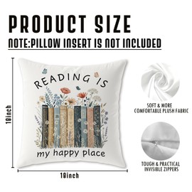 Trenstise Floar Book Lover Reader Gifts Pillow Covers, Bookish Bookworm Gifts, Reading is My Happy Place Book Pillow Cover Gifts for Women 18x18,Book Nook Decor,Reading Pillow for Kids
