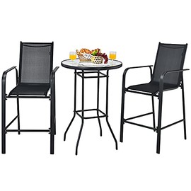 Happygrill 3-Piece Patio Bar Set Outdoor High Top Bistro Set with 2 Bar Stools and 1 Tempered Glass Top Table