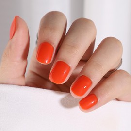 Orange Press on Nails Short Orange Red Fake Nails with Glossy Design Full Cover False Nail Oval Acrylic Glue on Nails for Women and Girls Manicure Decoration 24 Pcs