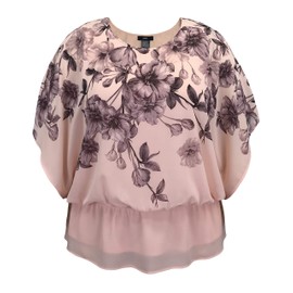 LEEBE Women and Plus Size Double-Layered Print Chiffon Poncho Blouse Top (Small-5X) (Purple Floral/Dusty Pink XL)