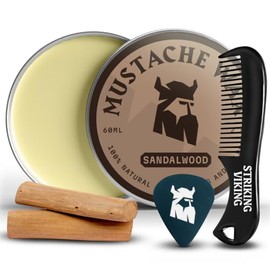 Kit de cera para bigote y peine – Cera para barba y bigote para hombres con cera de abeja natural fuerte – Ayuda a domar, peinar y peinar al golpear vikingo, sándalo