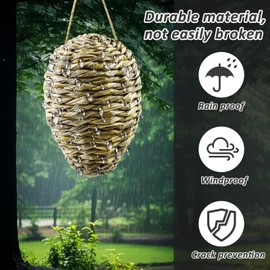 2 Pack Woven Reed Crochet Wasp Nest Decoy, Faux Hanging Wasp Hornets Hive Nests Artificial Fake Wasp Nest Decoy Decoration for Patio Eaves Yard Home, 10×4 Inch