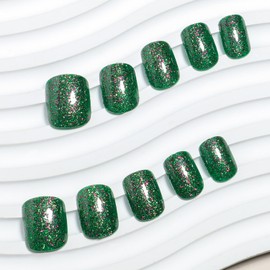 Vezocim Press on Nails Short Square-24Pcs Glossy Full Cover Acrylic Square Green False Nails with Glitter Designs Artificial Extra Short Square Fake Nails with Glue Stick on Fingernails for Women