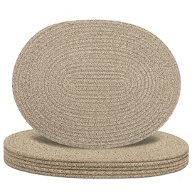 Oval Woven Placemats Set of 6, Boho Cotton Rope Braided Table Mats, 17x13 Inches Non Slip Heat Resistant Place Mats for Dining Room, Thick Hot Pads for Farmhouse Kitchen Table Decor. (Brown)
