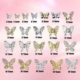 Butterfly Nail Pendants, 22 Pieces Mixed 3D Metal Butterfly Nail Rhinestone Pendant Shiny Nail Stones Jewelry Rivets for Nail Art Design Decorations DIY Craft Gold Silver