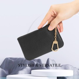 LARENNT Full Grain Leather Coin Purse with Key Chain - Small Change Purse Keychain Card Holder Keychain Pouch Small Keychain Wallet for Women and Men (Black - Large Size)