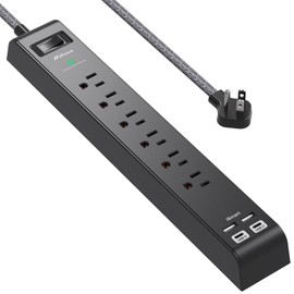 Surge Protector Power Strip - 6 Outlets 4 USB Charging Ports, 5Ft Braided Extension Cord, Flat Plug, Overload Protection, Wall Mount for Home Office, Dorm Room Essentials, Black