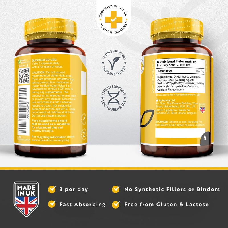 Nutravita D-Mannose 1650mg High Strength Capsules – 180 Vegan Friendly