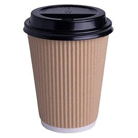 We Can Source It Ltd - 50 x 8oz Kraft Ripple Cups 3-PLY Disposable Insulated Paper Coffee Cups with Black SIP Through LIDS