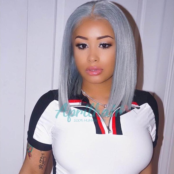 Aprilhair Pre-plucked Grey Bob Lace Front Wigs Straight Glueless 130% Density Short Cut Brazilian Virgin Human Hair With Baby Hair Full And Thick Free Part (14 inch)