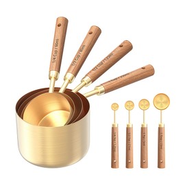 8 Pcs Golden Stainless Steel Measuring Cups and Spoons Set,Baking Tools with Phase-Mourned Wooden Handle,Measuring Cups for Cooking & Baking