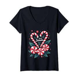 Womens Sweet Season Candy Cane and Peppermint Christmas V-Neck T-Shirt