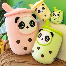 Aiuidun Panda Boba Cuddly Toy, Bubble Tea Stuffed Toy, Plush Cushion, Toy, Soft Hug Pillow, Gift for Children, Girls, Boys (Yellow, 35 cm)