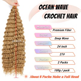 Ocean Wave Crochet Hair Deep Wave Braiding Hair 24 Inch 2 Packs Curly Wavy Hair for Boho Braids Synthetic Hair Extensions for Black Women (27#)