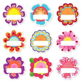 Whaline 90 Pcs Back to School Floral Name Tag Stickers Colorful Funny Flower Shape Nameplates Self-Adhesive Label Decals for Students Desk Classroom, 9 Designs