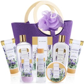 Spa Luxetique Lavender Spa Gift Baskets for Women, Premium 9pc Gift Baskets, Deluxe Spa Tote Bag with Wooden Handle, Bath Salt, Hand Soap, Hand Cream,