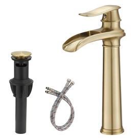 RUITHOE Brushed Gold Bathroom Vessel Sink Faucet, Waterfall Bathroom Faucet, Vessel Faucet, Tall Body High 1 Hole Single Handle with Pop Up Drain Combo Vanity Mixer Tap Farmhouse Basin Bowl Vintage