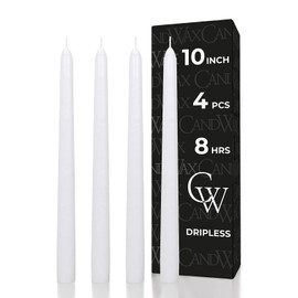 CANDWAX 10 inch White Taper Candles - White Candle Pack of 4 - Christmas Candle Tapers - Unscented Dripless Smokeless Long Burning Tall Candlesticks - Christmas Tapered Candles for Home Decor