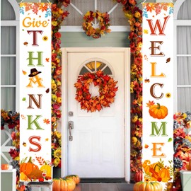 Thanksgiving Banner Fall Decor for Porch Door Wall, GIVE THANKS Welcome Sign Outdoor Indoor Home Decorations, Autumn Thanksgiving Decor 72" X 12"