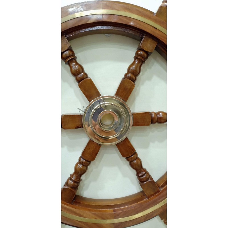 Nautical Captain's Steering Wooden Ship Wheel With Brass Ring &
