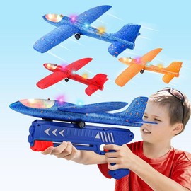 Fuwidvia 3 Pack Airplane Launcher Toy, 12.6" Foam Glider Led Plane, 2 Flight Mode Catapult Plane for Kids Outdoor Sport Flying Toys Gifts for 4 5 6 7 8 9 10 12 Year Old Boys Girls Dinosaur Rocket Manual Launch Dinosaur Foam Large LED Hover Soccer outdoor