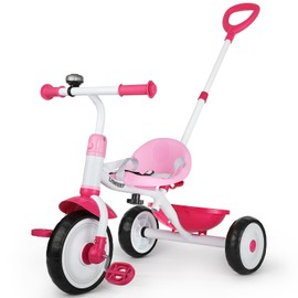 Liberry 2 in 1 Toddler Tricycle Age 2 3 4 Years Old, Kids Trike with Adjustable Push Handle, Bell & Basket, 3 Wheel Bike Riding Toy Birthday for Girls Boys, Pink