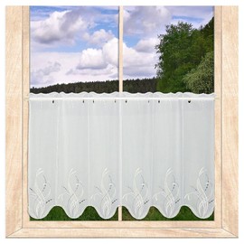 Sancia Modern Net Curtain with Plauener Lace Embroidery White / Yellow / Dark Grey in 3 Heights (Height x Width: 55 x 208 cm)