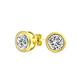 Simple Classic Bezel Set Cubic Zirconia AAA CZ Round Solitaire Stud Earrings For Women Yellow Gold Plated .925 Sterling Silver 7MM
