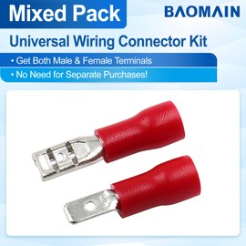 Baomain 0.11" Female & Male Spade Connectors 22-16 AWG Insulated Crimp Terminals Quick Disconnect Electrical Wire Connectors,Red (200-Pack)