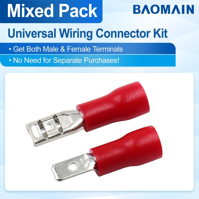Baomain 0.11" Female & Male Spade Connectors 22-16 AWG Insulated