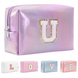 Yintry Makeup Bag Set Organizer Cotton Letter Cosmetic Pouch Large Capacity Travel Toiletry Bag Women Girls Birthday Gifts Portable Brush Storage Bag with Divider and Handle