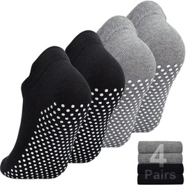 Pilates Yoga Socks Women, 4 Pairs Non Slip Barre Home Hospital Barefoot Workout Grip Slipper Socks (02 Black+Black+Grey+Grey(4 pack), 8-10)