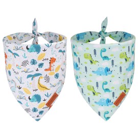 PTDECOR Dinosaurs Dog Bandana, Dinosaurs Design Reversible Pet Scarf Bib, Premium Durable Fabric, Adjustable White Green Bandanas for Medium Large Dogs Pets (Large)