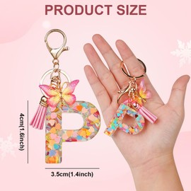 OSDUE Fashion Alphabet Initial Letter Keychain, Women Tassel Butterfly Pink Purple Cute Car Keyrin, Pink and Gold Resin Alphabet Keychain, Tassel Butterfly Pendant Key Ring for Wallet (J)