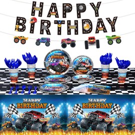 173 Pcs MonsterTruck Birthday Party Supplies Serves 24, MonsterTruck Tablecloth Birthday Banner MonsterTruck Plates Napkins Tableware Set for MonsterTruck Themed Birthday Party Decorations