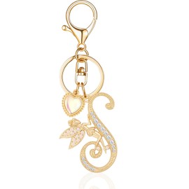 OKAICEN Alphabet Initial Gold Letter Keychain Angle Girls with Heart Crystal Key Ring for Purse Handbags Charms Women Girl ('S')