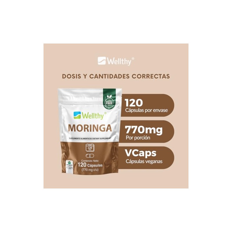 Wellthy Moringa 120 Cápsulas 400mg. 100 Pura, 100 Natural, 4