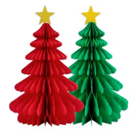 Losuya 2pcs Christmas Tree Honeycomb Ornaments Tissue Paper Trees Red Green Christmas Tree Honeycomb Centerpieces for Christmas Party Decoration