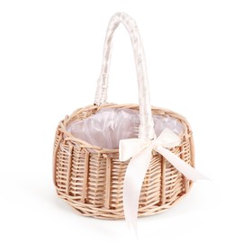 Hacbop Woven Flower Basket Rattan Storage Basket Flower Girl Hand Basket Handmade Flower Basket with Bow, S