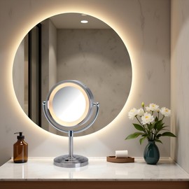 JERDON Lighted Tabletop Makeup Mirror - LED Lighted Vanity Mirror with 1X and 5X Magnification in Nickel Finish - Model HL745NC