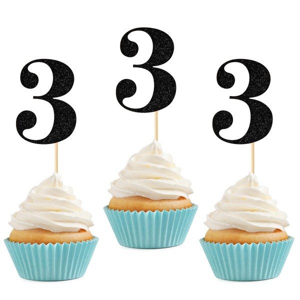 24 piezas de adornos para cupcakes de 3er cumpleaños, número 3, púas de purpurina para tartas de tercera edad, para aniversario, tercer cumpleaños, decoración de pasteles, suministros de decoración de pasteles, color negro