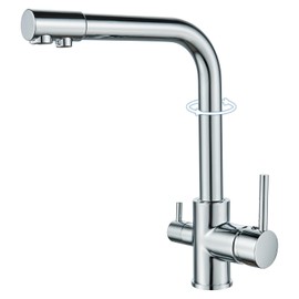 ROVOGO 3 Way Kitchen Mixer Tap with Drinking Filtered Water Outlet, Swivel Spout Monobloc Kitchen Sink Tap with Dual Lever and 3 Hoses, High Arc Kitchen Faucet Chrome