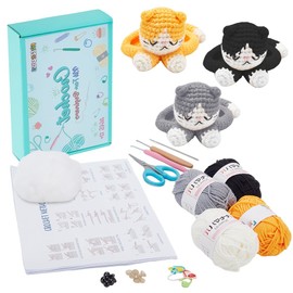 FREEBLOSS 4 Set Crochet Kit for Beginners Cat Crochet Coaster Kit Complete Starter Crochet Kit for Adults Beginners Crochet Coaster Set with Video Tutorial for Home Decoration