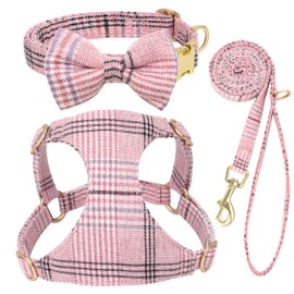 Beirui Cute Small Dog Harness Collar and Leash Set with Bowtie, Soft Adjustable Pink Puppy Harness for Small Sized Dogs Cats Walks Parties and Photoshoots(Pink,XXS)