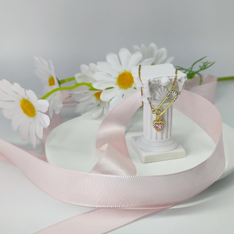 MEMFALL Safety Pin Necklace for Women Cubic Zirconia Heart Paperclip