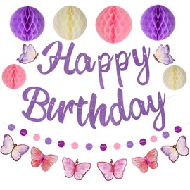Purple Pink Birthday Decorations, Glitter Happy Birthday Banner, Honeycomb Ball, Butterflies Hanging Swirl Streamers, Circle Dot Garland - Birthday Party Decorations Party Supplies for Women Girls
