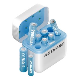KOSHARE 8 Pack Rechargeable Batteries Ni-MH with Charger,1.2V 2800mAh AA and 1100mAh AAA High Capacity Ni-MH Batteries,Rechargeable up to 800 Times,Pre-Charged (White+Blue, 4AA4AAA+8Slot Charger)