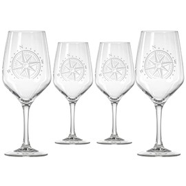 Rolf Glass Compass Star All Purpose Wine Glass | 19.5 Ounce Stemmed Wine Glass | Set of 4 Lead-Free Glassware | Nautical-Themed with Intricate Compass Star Design