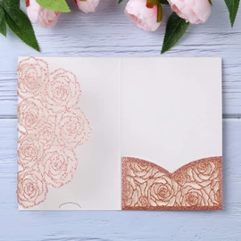 20 Pcs Laser Cut Wedding Invitations Card Pocket with Envelope for Birthday Party Baby or Bride Shower Invite suitable for 5 * 7 Inches Insert Paper (Rose Gold Glitter)